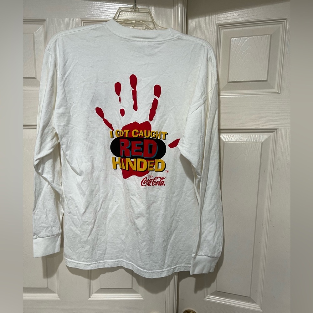 Vintage White Coca Cola Got Caught Red Handed Long Sleeve Graphic T Shirt XL